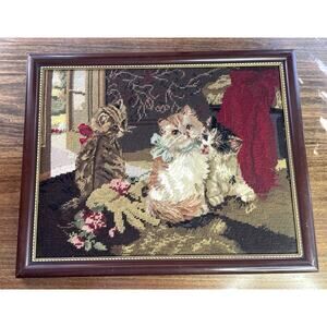 Vintage Needlepoint Tapestry Three Kittens Victorian Framed Hanging 18"x14.5"